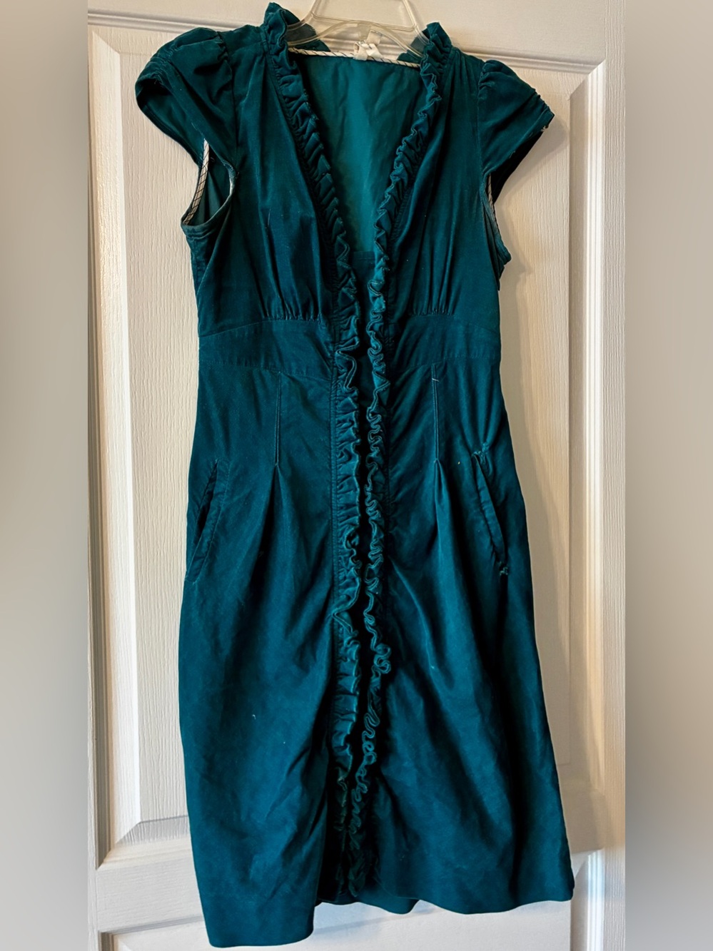 Maeve Teal Ruffle-Front Cap-Sleeve Dress with Pockets
